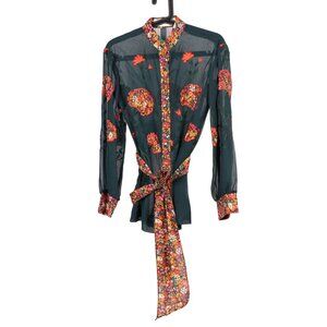 VTG Sheer Tunic Blouse 6 Floral Embroidered 70s Sash Tie Fairy Whimsy Lagenlook